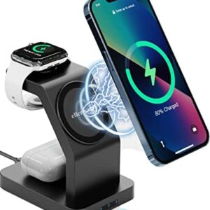 eller santé® Wireless Charger 3-in-1 23W Magnetic Mag-Safe for iPhone 16/16 Plus/16 Pro/16 Pro Max, 15/15 Plus/15 Pro/15 Pro Max,14/13/12, Airpods 3rd/2nd gen, Series 9/8/7/6/5/4/SE-Black