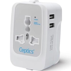 Ceptics Universal Charger Adapter, 3 in 1 Universal Travel Adapter All in One, Universal Travel Accessories 2 USB 2.4A, 100-250 Voltage Travel Charger, International Travel Adapter, White