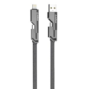 Stuffcool Quad Pro 4 in 1 Metal Flat Braided Indestructible Cable 1.5m 60W with lightning to type C, type C to C, Lighting to type A compatible for iPhones, iPads, Macbooks, Type C Laptops (Grey)