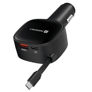 Portronics Car Power Retracto 84W 3 in 1 Car Charger, 80 cm Retractable Cable (33W Type-C PD), Dual Port (18W USB Type-A & 33W Type-C) for Laptop, Android, iPhone, Earbuds and More (Black)