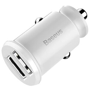 Baseus Grain Dual USB Car Charger – 5V/3.1A Fast Charging Adapter for Smartphones & Tablets – Compact Mini Design – White