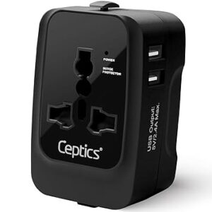 Ceptics Universal Charger Adapter, Travel Adapter International All in One, 2X 2.A USB-A with 15W Total Output, Use in 150 Countries, Type A, C, G, I Output with Universal Input - Black