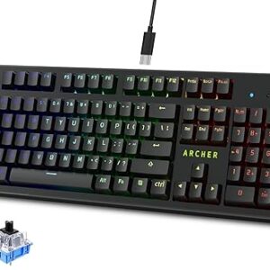 Archer Tech Lab Mechanical Gaming Keyboard, Clicky JERRZI Blue Switches, Full Anti-Ghosting Keys, 21 RGB Modes LED Backlit & Music Visualizer, Braided USB-C Cable, PC/Mac/Linux – Software Customizable