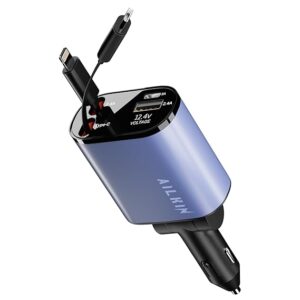 AILKIN 120W 4 in 1 Retractable Car Charger,Super Fast Charge Car Phone Charger,Retractable Cables & 2 USB Ports Car Adapter for Android