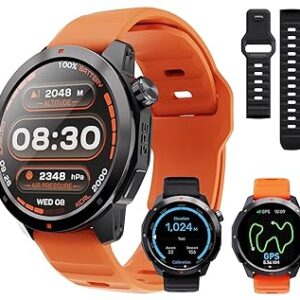 AOLON GPS Smart Watch for Men, 1.43'' AMOLED Smartwatch with Compass/Barometer/Altimeter, Heart Rate/Sleep Monitor, 30M Waterproof, 60+ Sports Fitness Tracker for Android/iOS, Black & Orange (2 Bands)