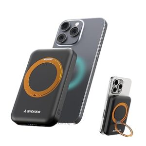Ambrane MagSafe Wireless 10000mAh Fast Charging Power Bank with Mobile Stand, Strong Magnet, 22.5W Output for iPhone 12 & Above, Android & Other Qi Enabled Device + Magnetic Ring (Mount, Black)