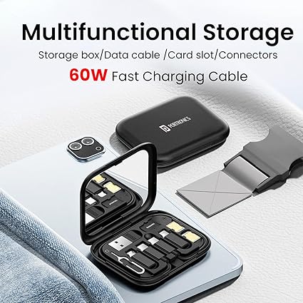 Portronics Snapcase 60W Multifunctional Fast Charging Data Cable Kit, Conversion Set USB A & Type C to Male Micro/Type C/Lightning,Data Transfer,Sim Storage,Sim Eject Pin,Pocket Mirror,Phone Holder - Image 2